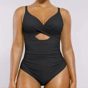 NWT Shapellx Cut Out Black One Piece Swimsuit Tummy Control Rouching - Size M